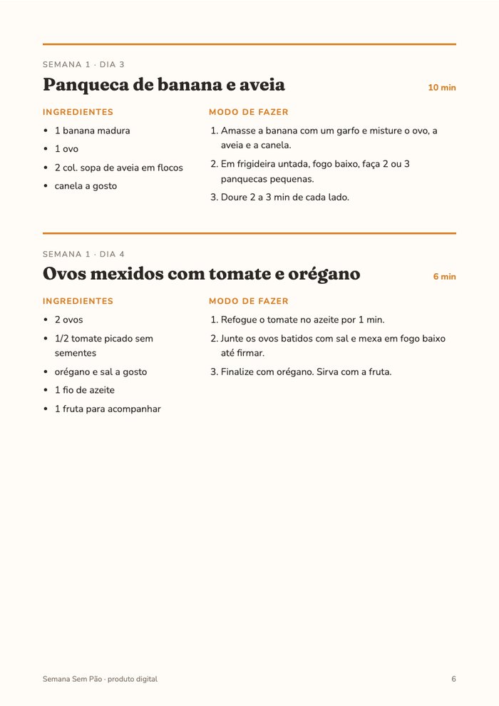 Página de receitas: panqueca de banana e aveia e ovos mexidos com tomate