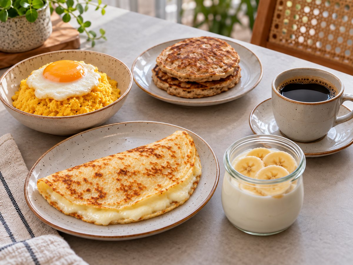 Mesa de café da manhã sem pão com cuscuz com ovo, crepioca, panquecas de aveia, aveia dormida e café